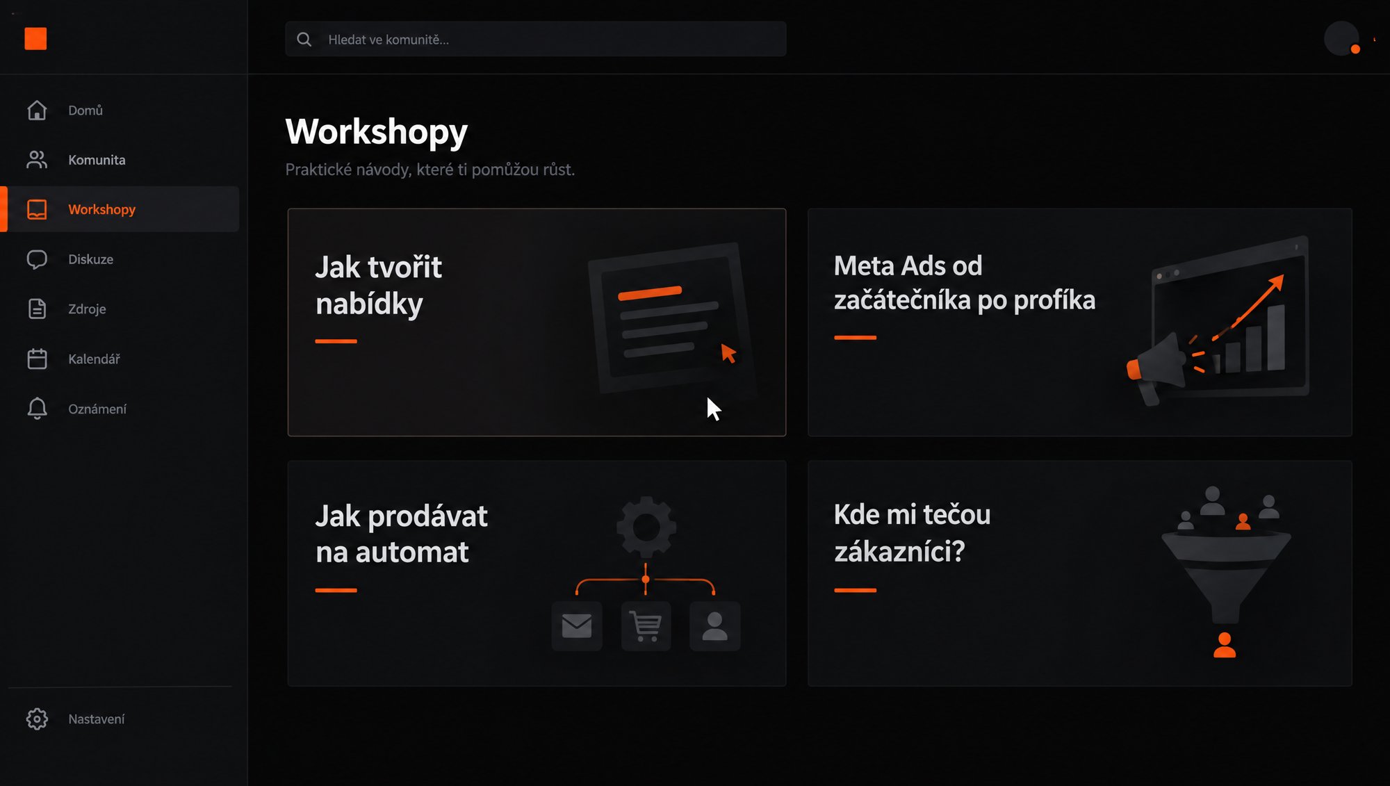 Náhled komunity se čtyřmi workshopy, kurzor míří na první z nich