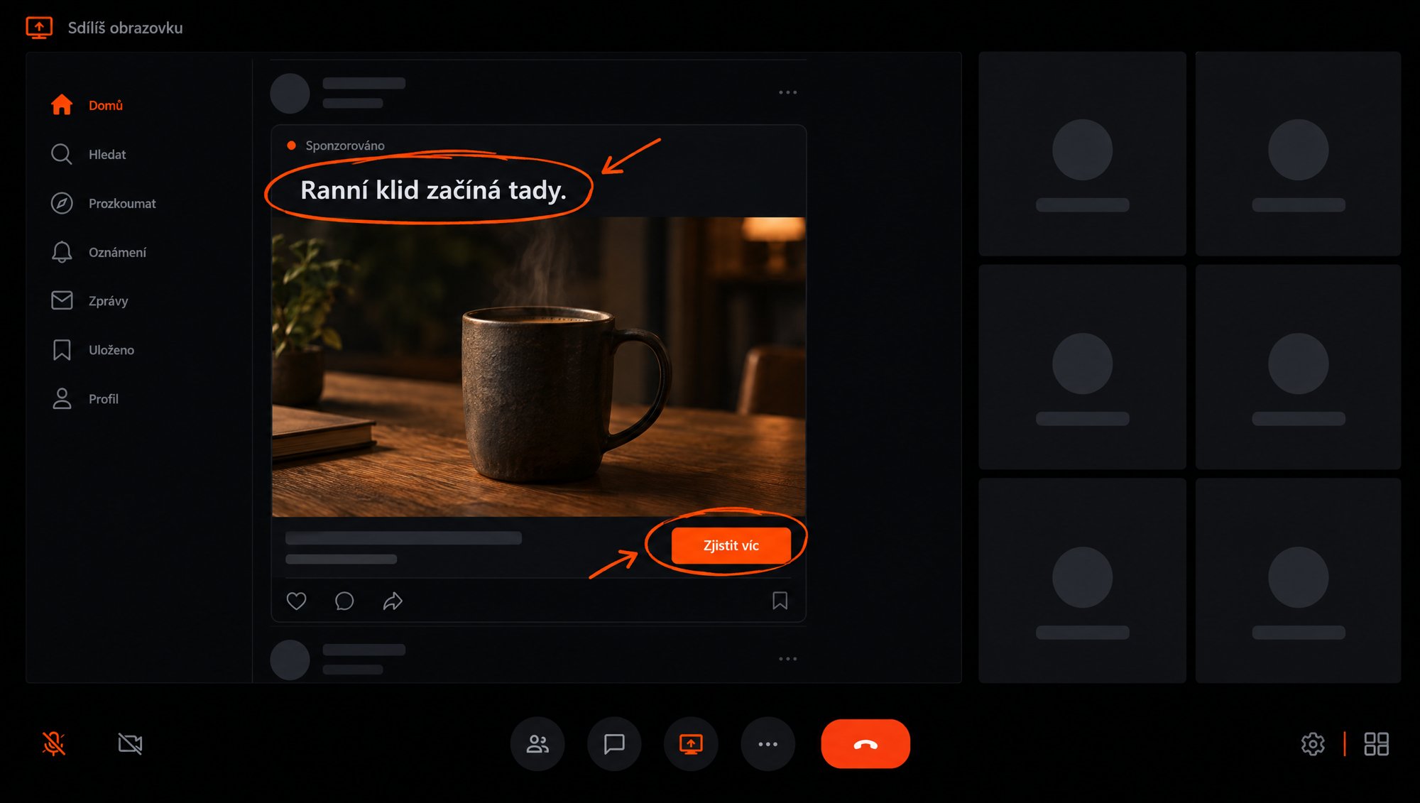 Live call se sdílenou reklamou, do které se kreslí oranžové poznámky